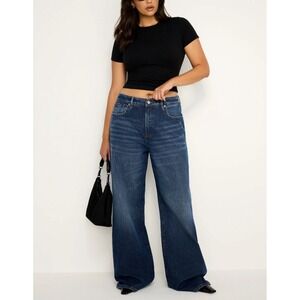 Good American Jeans Women's Baggy Wide Leg Stretch Med Wash Blue Denim 8/29